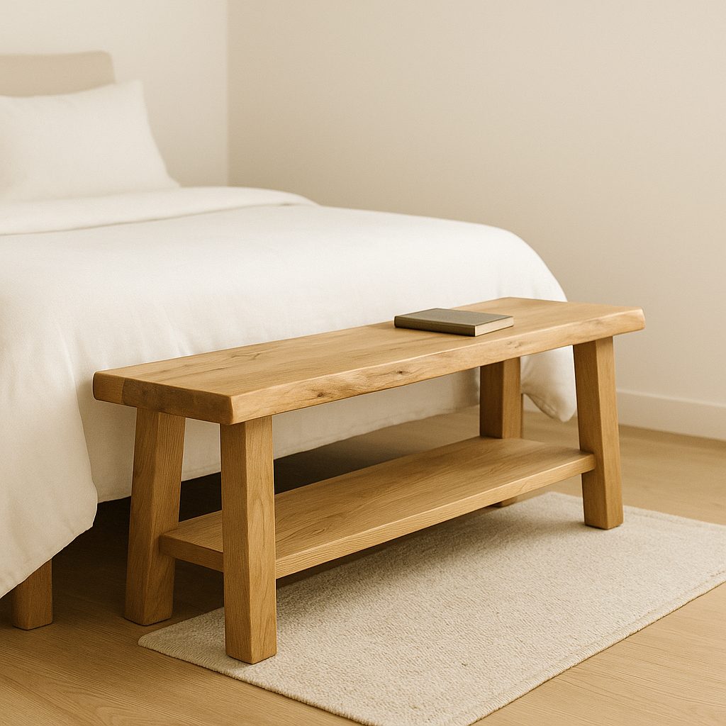 Banc bout de lit en bois massif avec étagère basse, au pied d'un lit