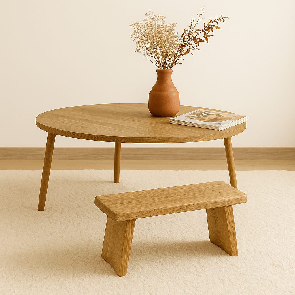 Petit banc d'appoint en bois massif glissé sous une table basse ronde