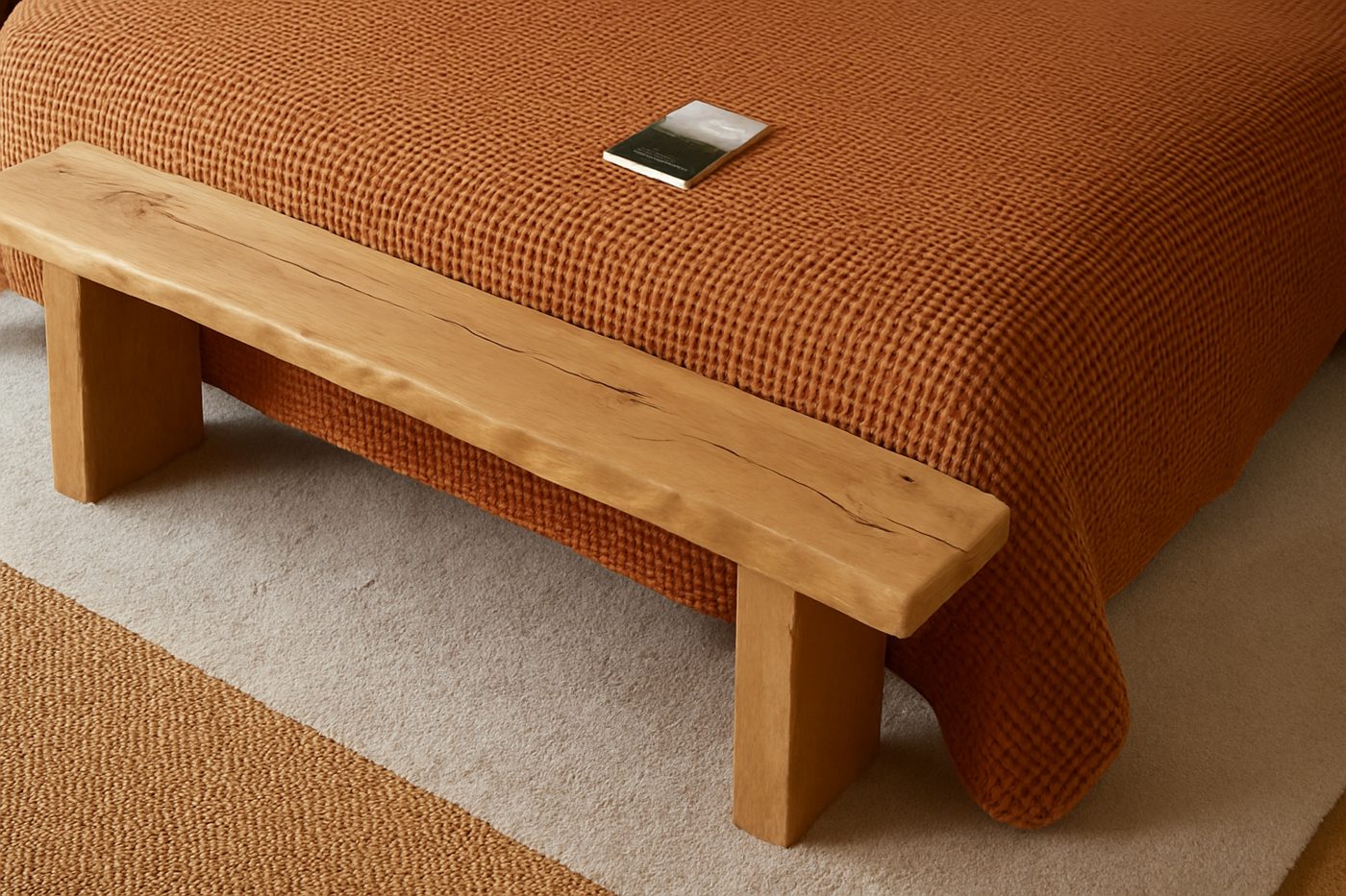 Banc en bois clair au pied d'un lit habillé d'un couvre-lit terracotta