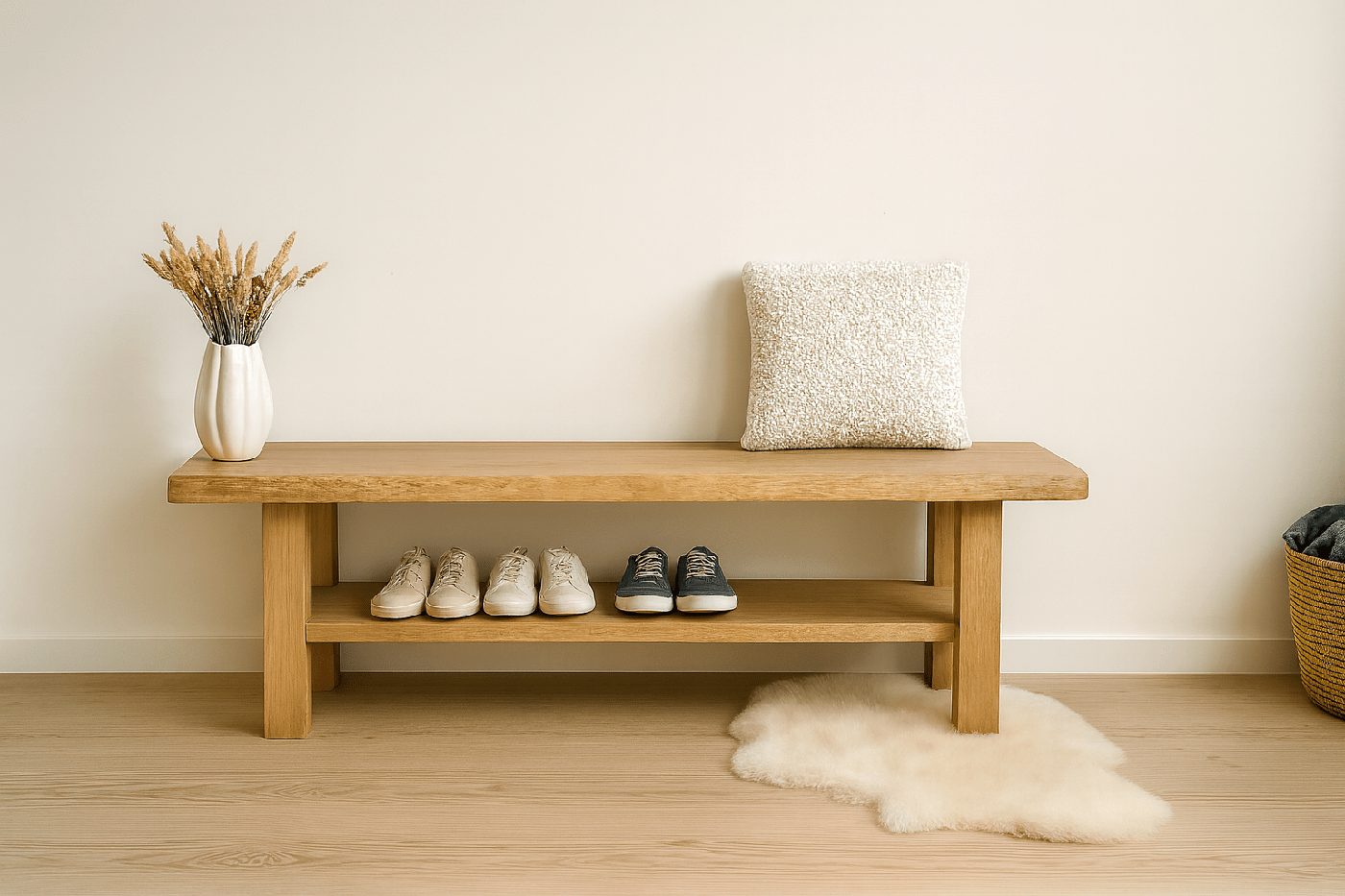 Banc d'entrée en bois massif avec étagère à chaussures et coussin
