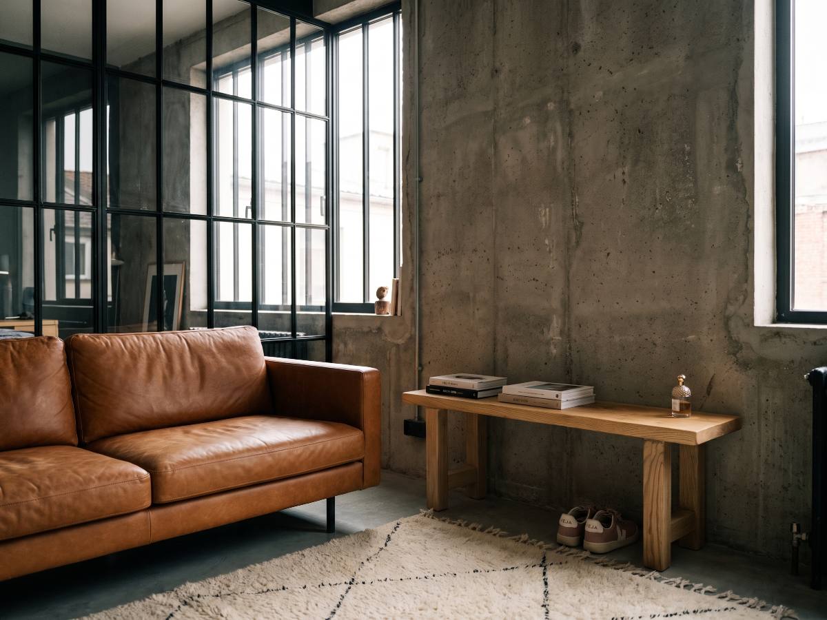 Banc en bois massif nº 02 en situation — loft industriel béton et cuir