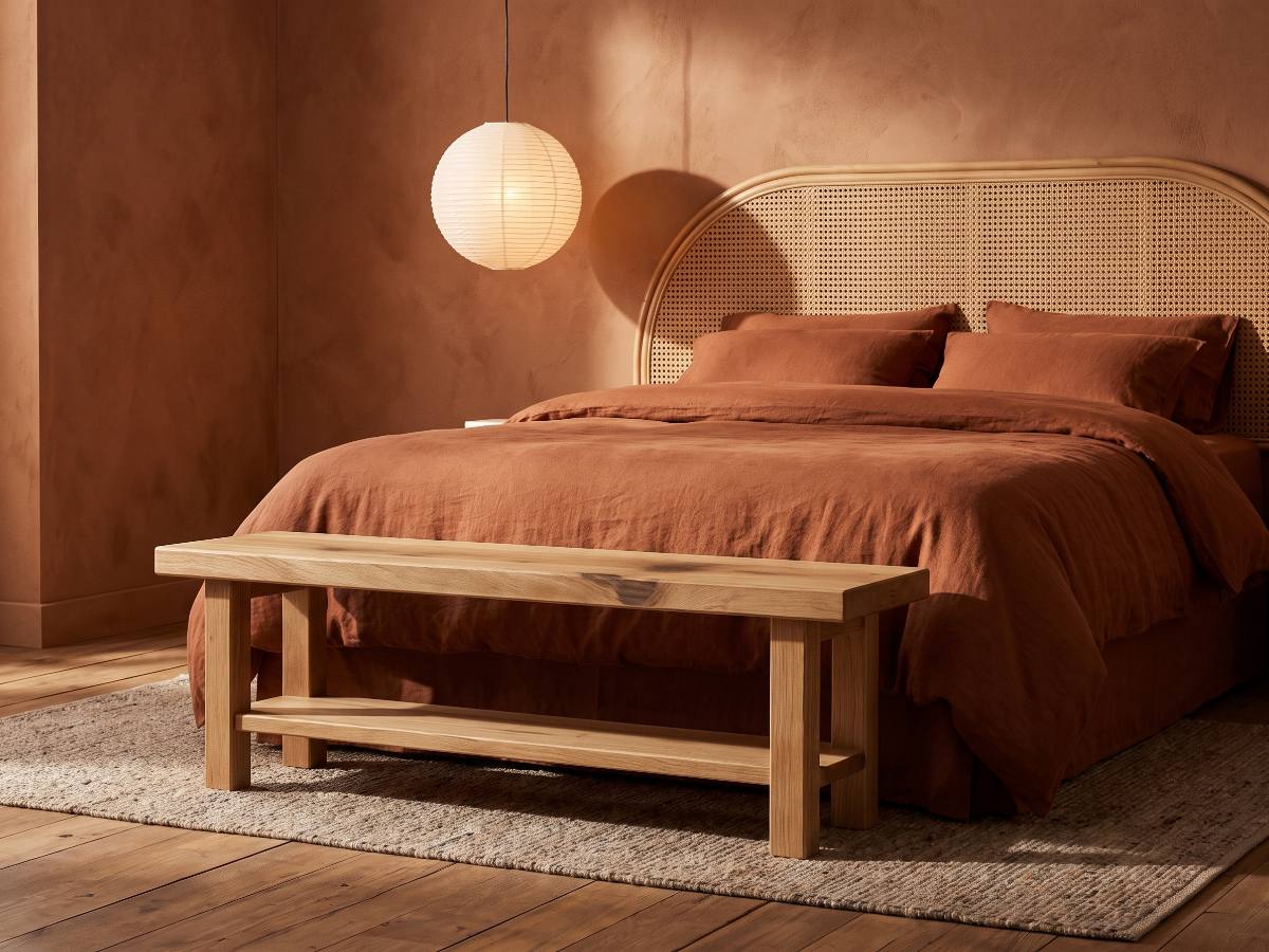 Banc en bois massif nº 03 en situation — chambre terracotta chaleureuse