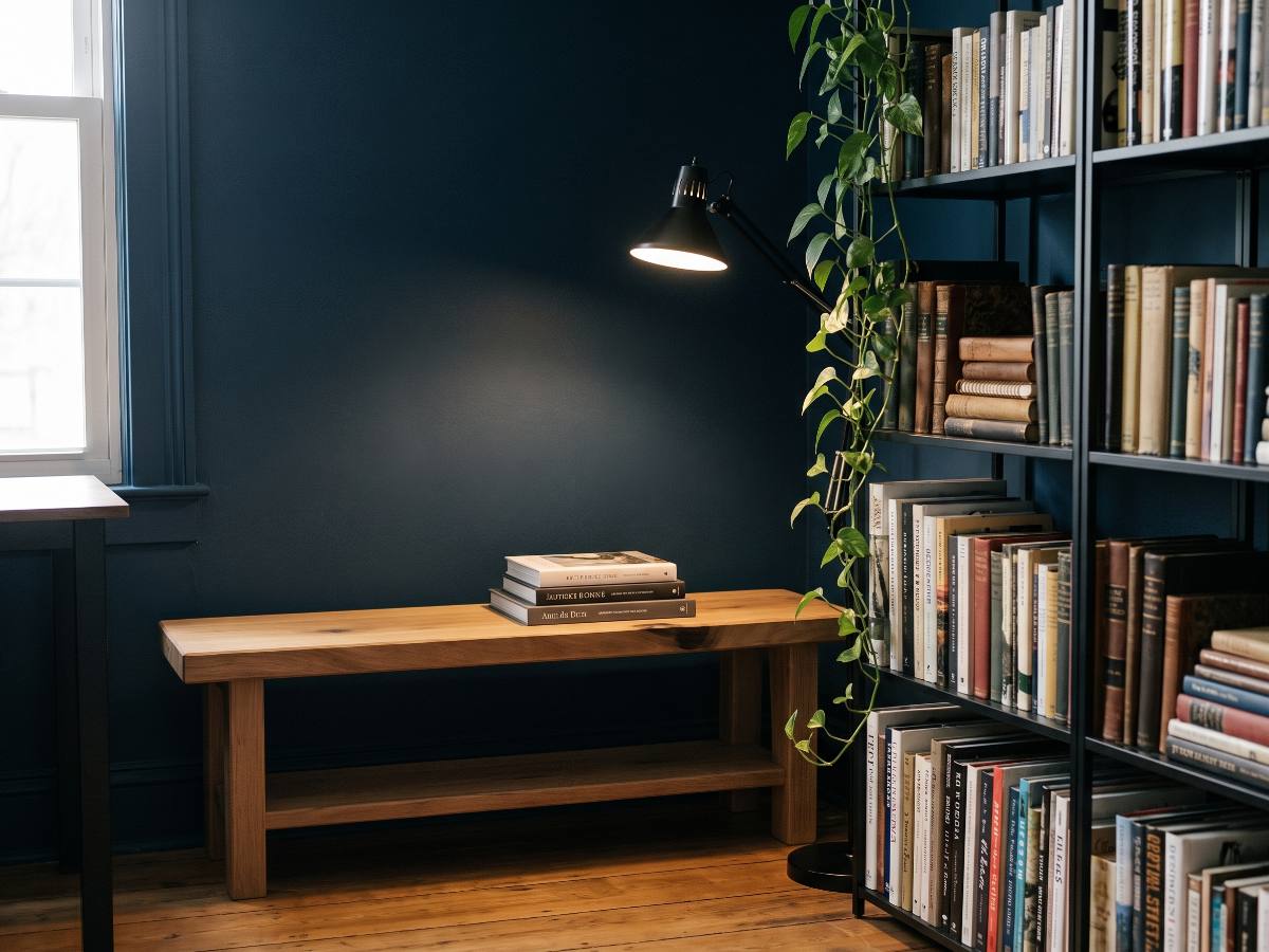 Banc en bois massif nº 04 en situation — bureau bleu nuit et bibliothèque