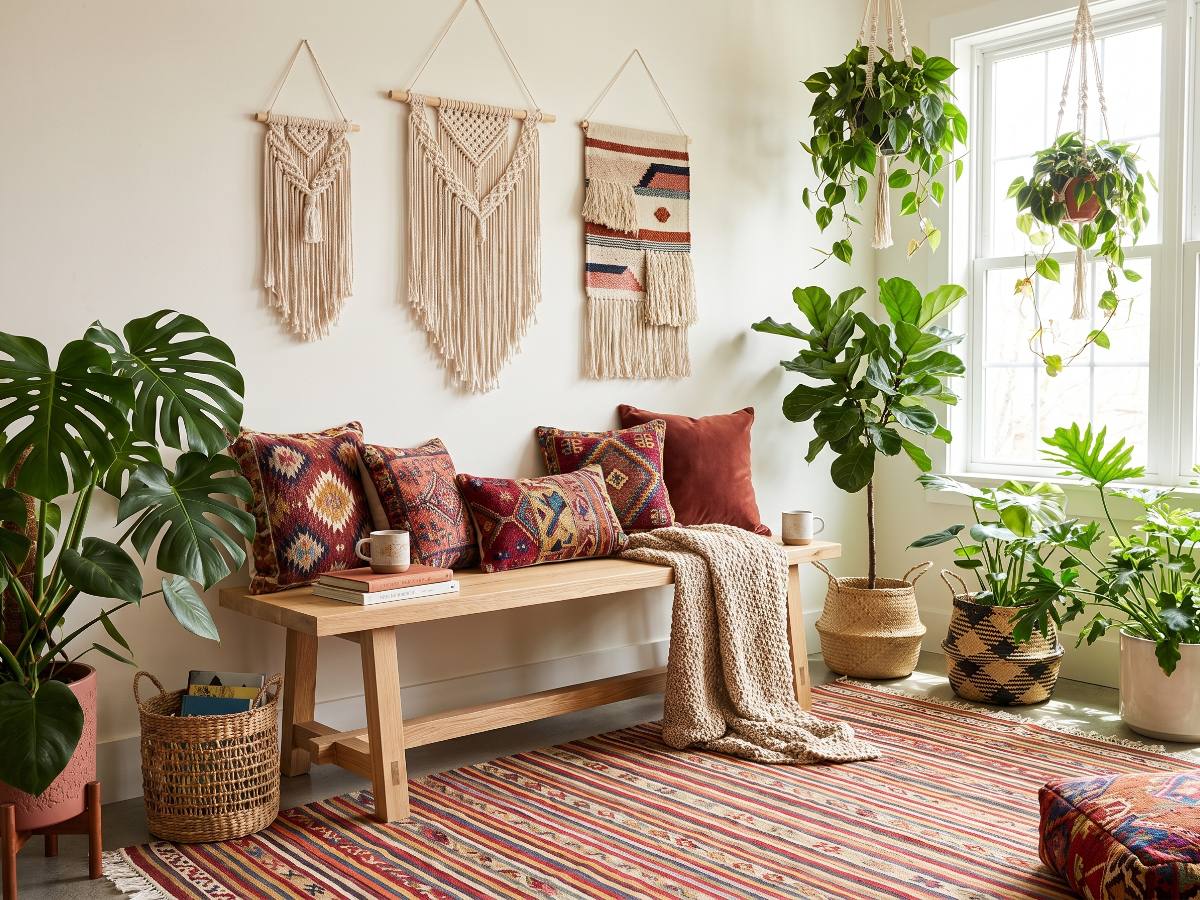 Banc en bois massif nº 06 en situation — salon bohème coloré et plantes
