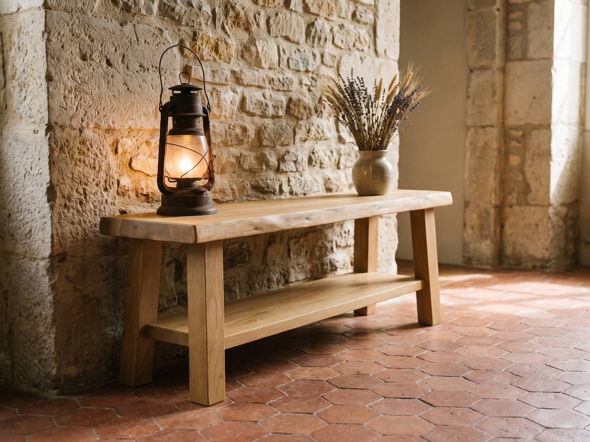 Banc en bois massif nº 07 en situation — entrée en pierre rustique