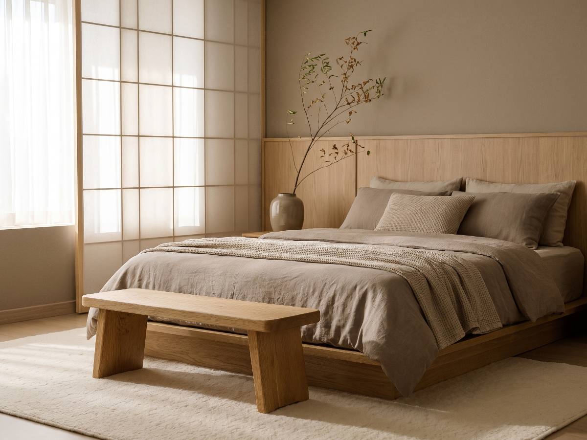 Banc en bois massif nº 08 en situation — chambre japandi épurée