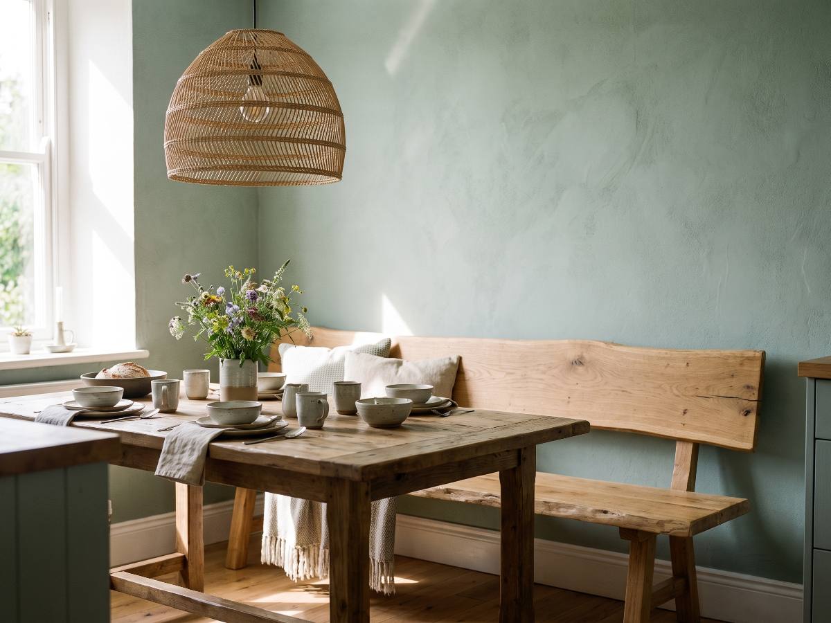 Banc en bois massif nº 09 en situation — coin repas de cuisine campagne