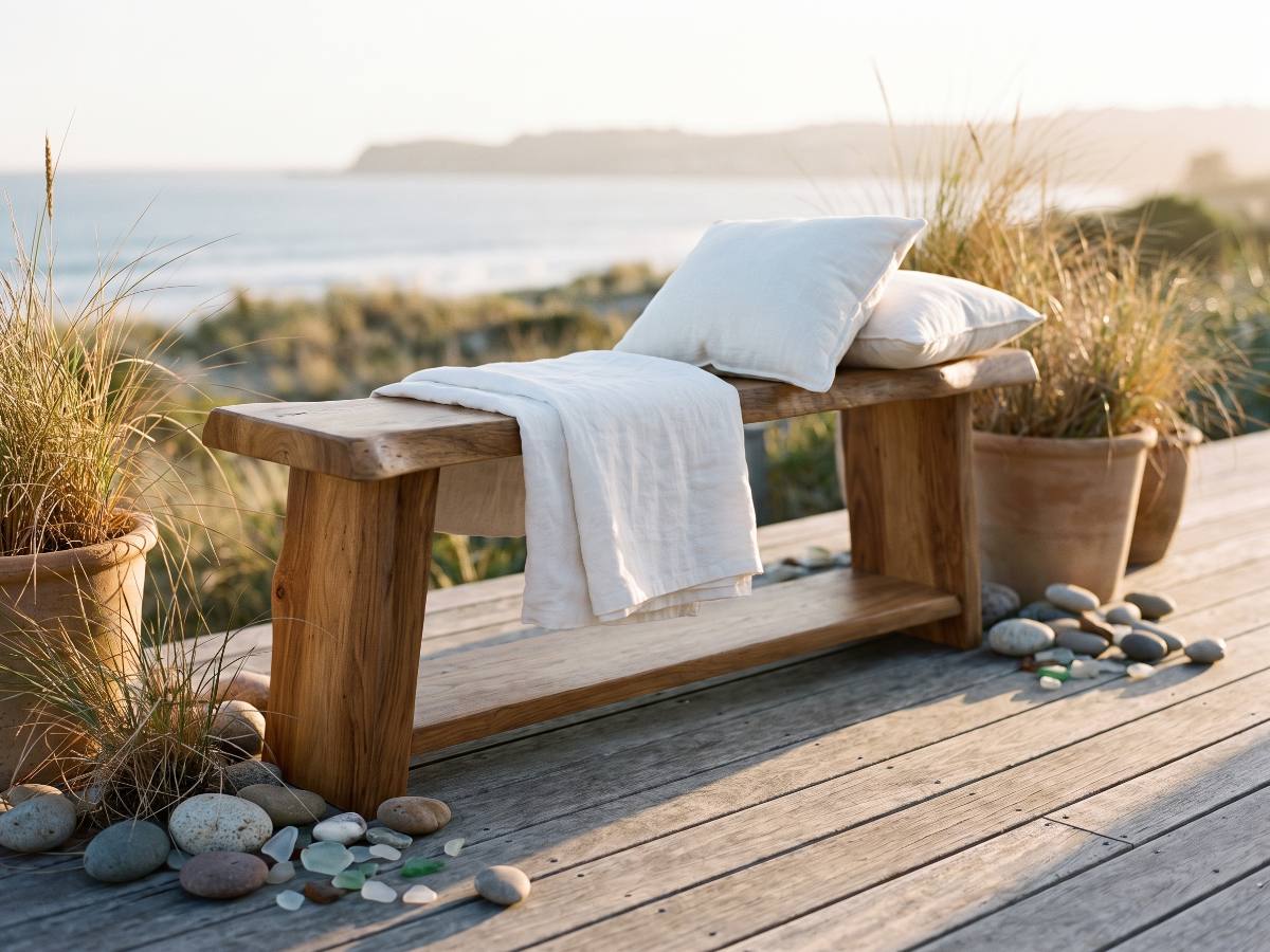 Banc en bois massif nº 10 en situation — terrasse bord de mer