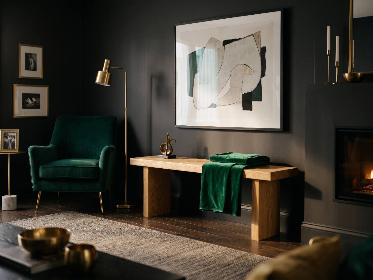 Banc en bois massif nº 11 en situation — salon sombre et velours émeraude
