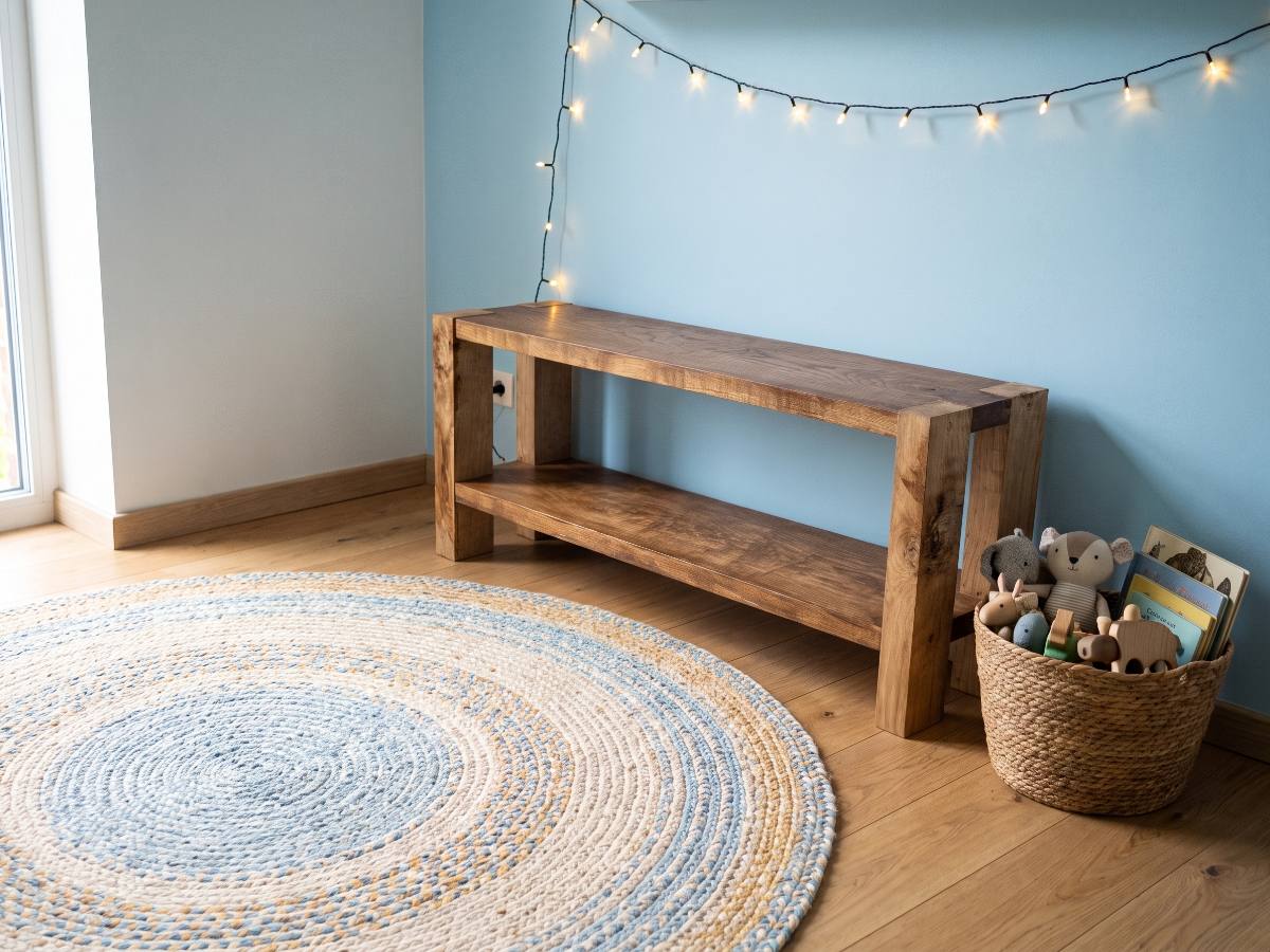 Banc en bois massif nº 12 en situation — chambre d'enfant douce et pastel