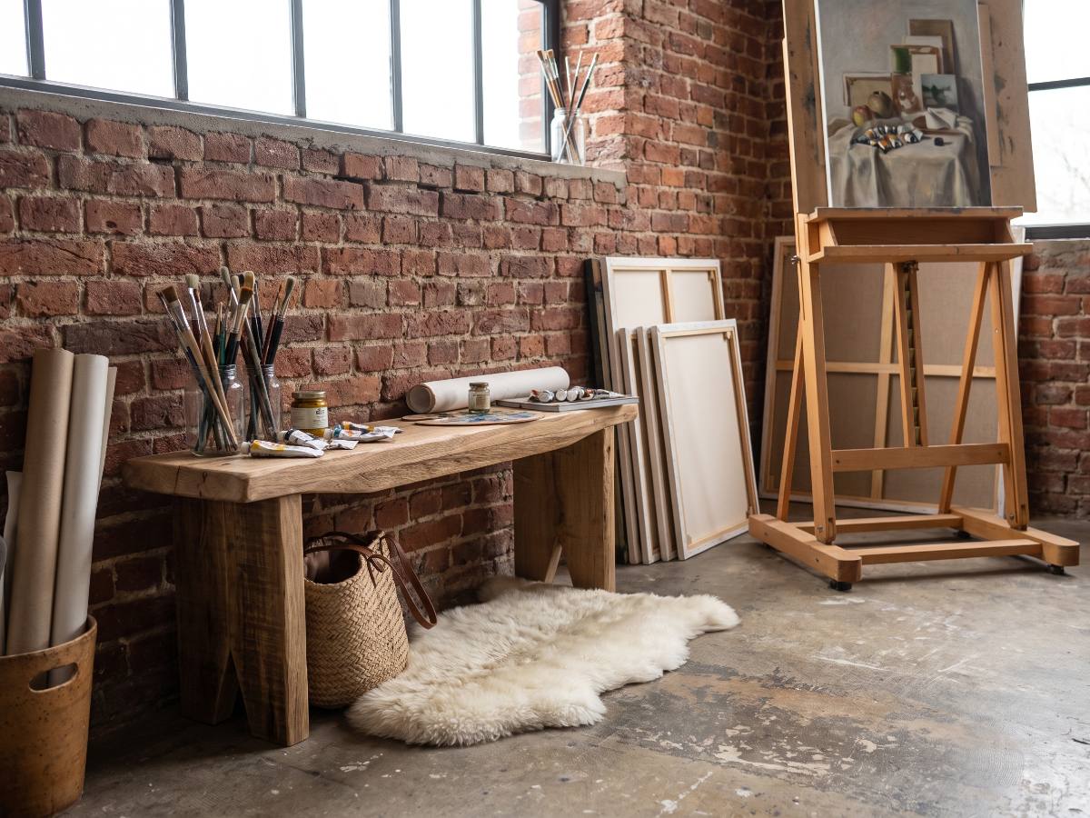 Banc en bois massif nº 14 en situation — atelier d'artiste aux murs de brique