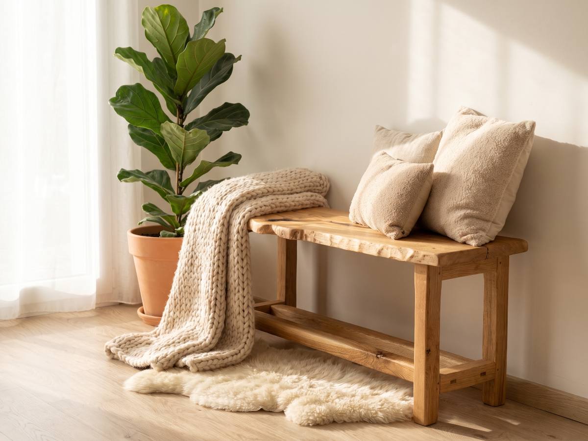 Banc en bois massif nº 15 en situation — salon scandinave chaleureux
