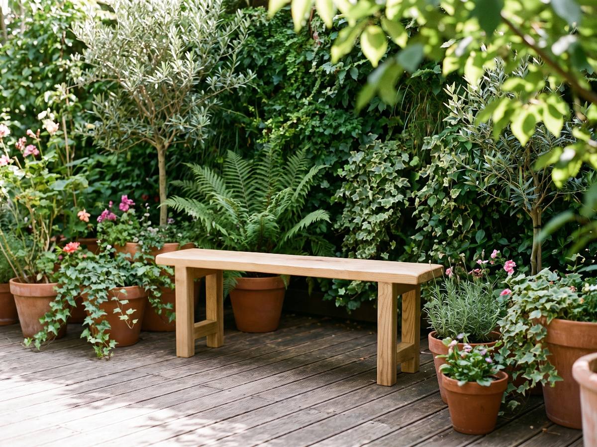 Banc en bois massif nº 16 en situation — terrasse jardin verdoyante