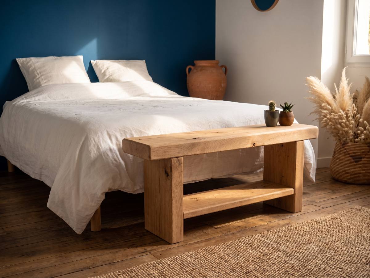 Banc en bois massif nº 17 en situation — chambre bleu méditerranée