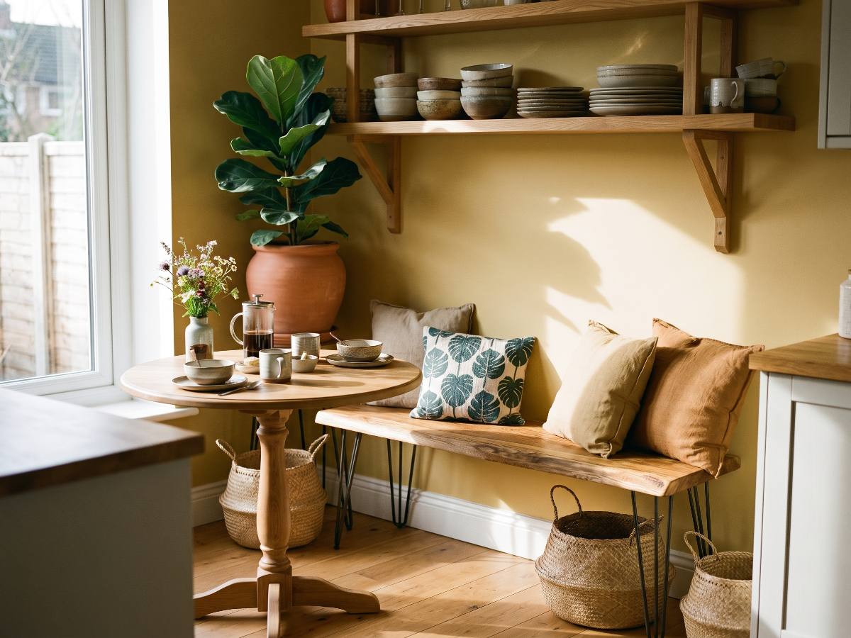 Banc en bois massif nº 18 en situation — cuisine ensoleillée jaune