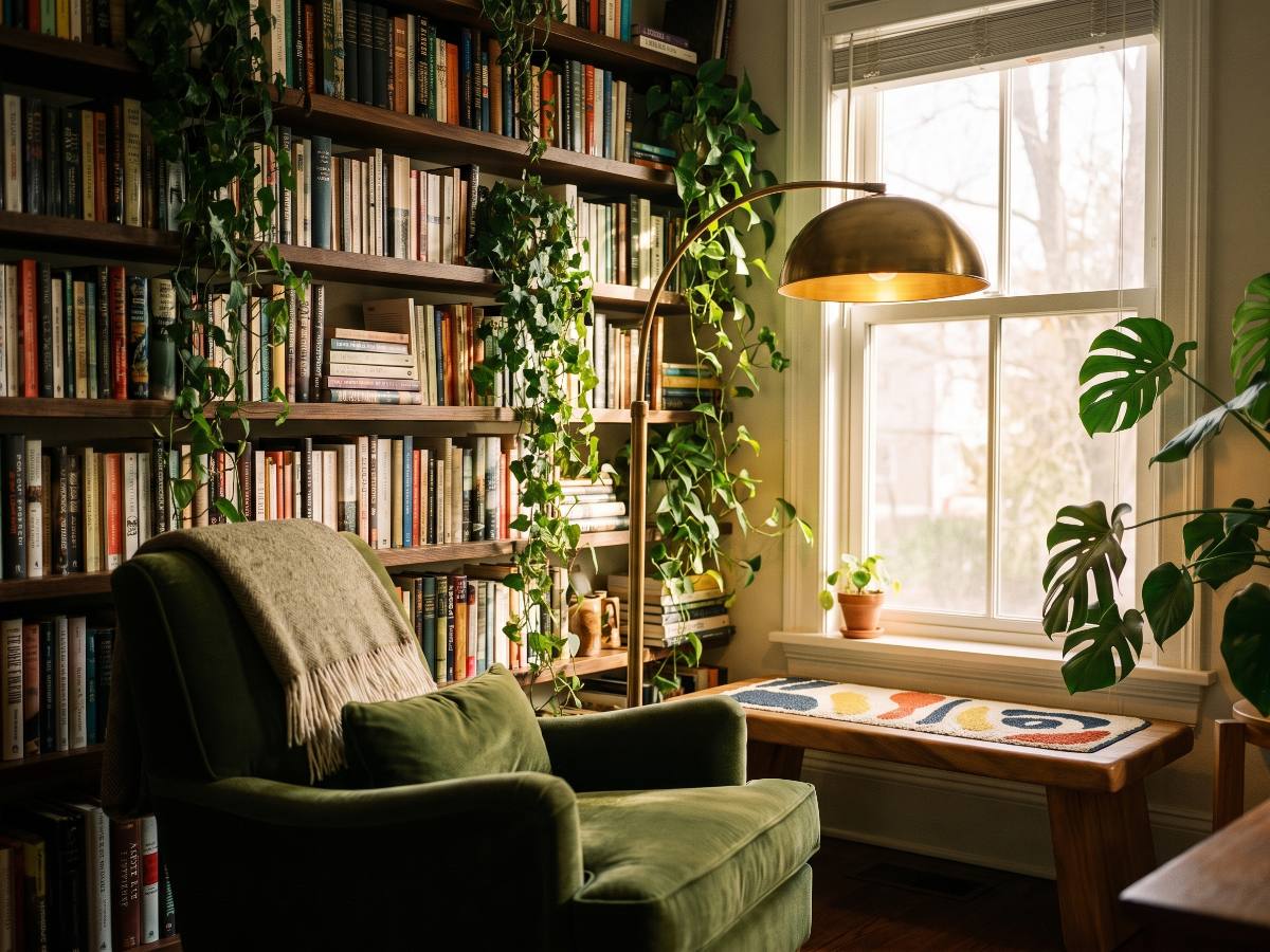Banc en bois massif nº 20 en situation — bureau botanique et bibliothèque