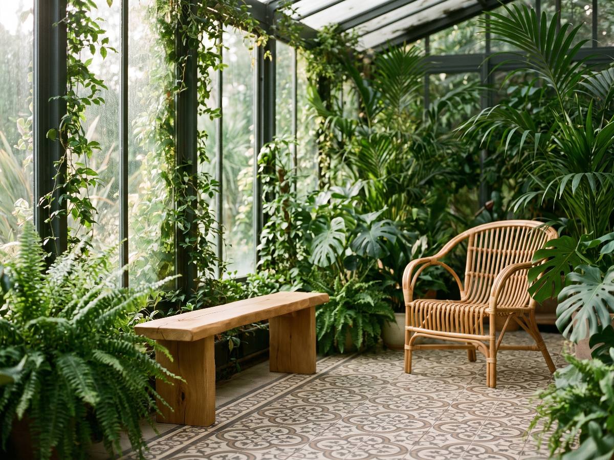 Banc en bois massif nº 21 en situation — véranda tropicale luxuriante