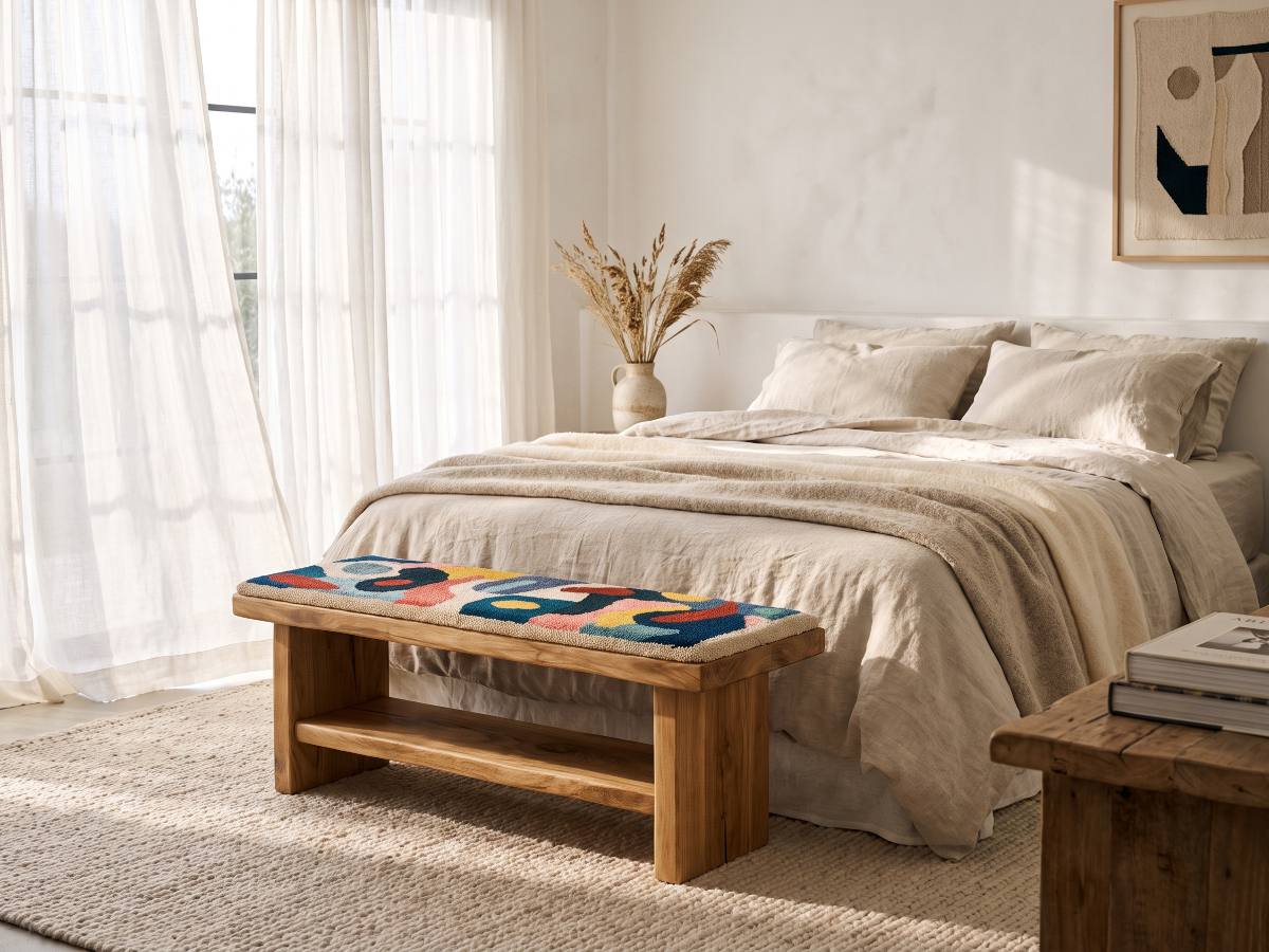 Banc en bois massif nº 23 en situation — chambre lumineuse en lin naturel