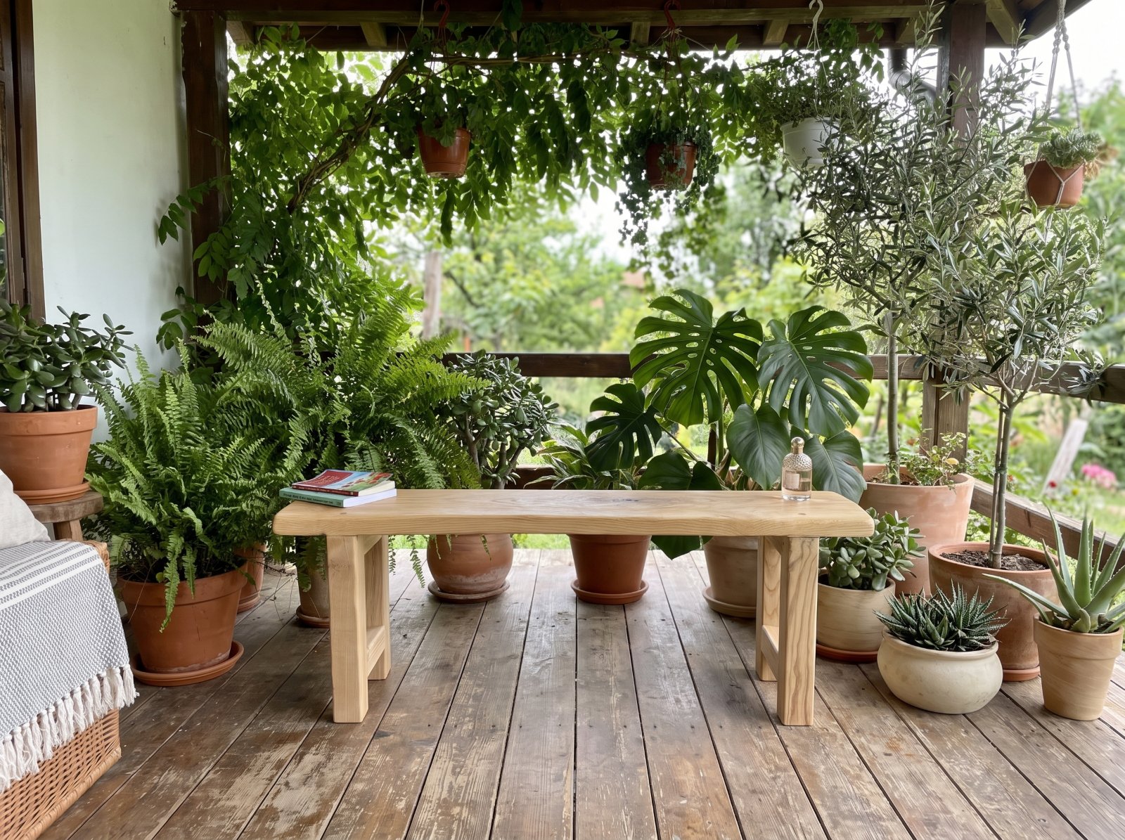 Banc en bois massif installé sur une terrasse extérieure